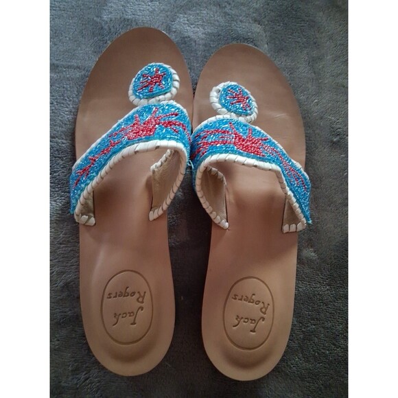 Jack Rogers Beaded Blue /Red CrabLeather Slip-On Flat Sandal Women's 8.5M - Picture 4 of 7